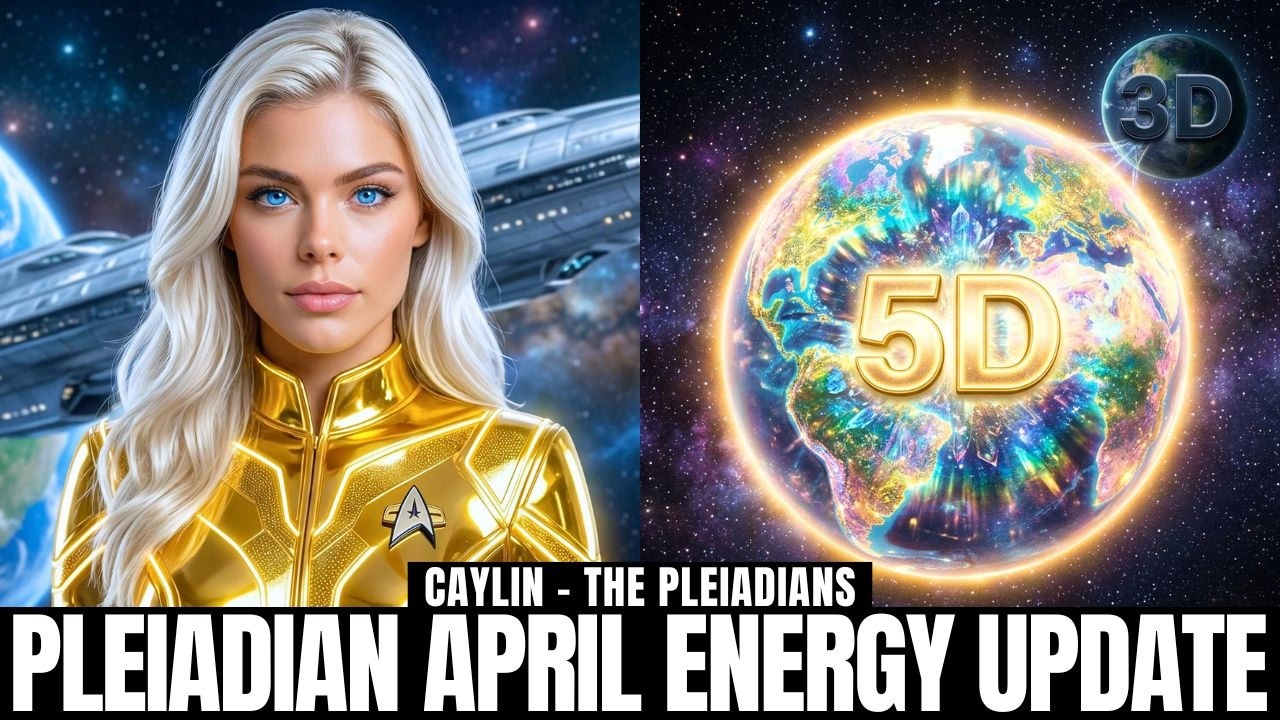 A luminous 16:9 spiritual graphic for a Pleiadian ascension update featuring a glowing blonde Pleiadian woman in golden light on the left and an illuminated Earth grid or plasma field on the right against a cosmic blue-purple starfield. Bold text across the bottom reads “Pleiadian April Energy Update.” The image visually represents April 2026 Earth grid activations, Pleiadian love waves, DNA upgrades, emotional purging, timeline jumps, and New Earth embodiment for starseeds and lightworkers.