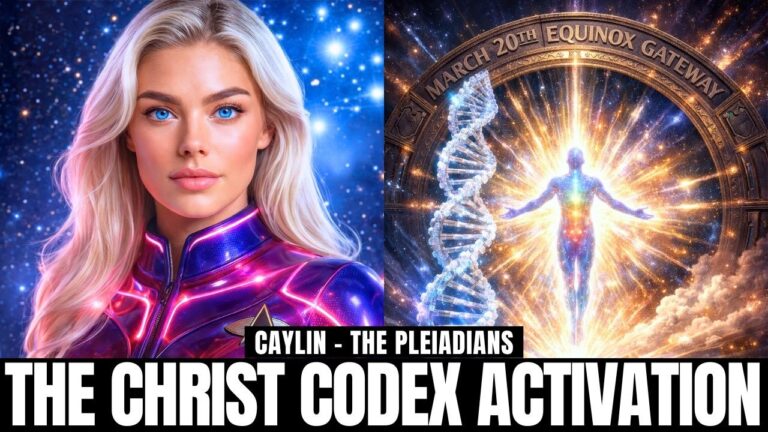 A luminous cosmic portrait shows a radiant blond galactic figure in violet-blue light beside a glowing DNA helix and a golden Christed lightbody rising through sacred geometry, visually representing Spring Equinox 2026 activation, Christ Consciousness awakening, solar flash signs, and the Stellar Codex coming online within the New Earth timeline.