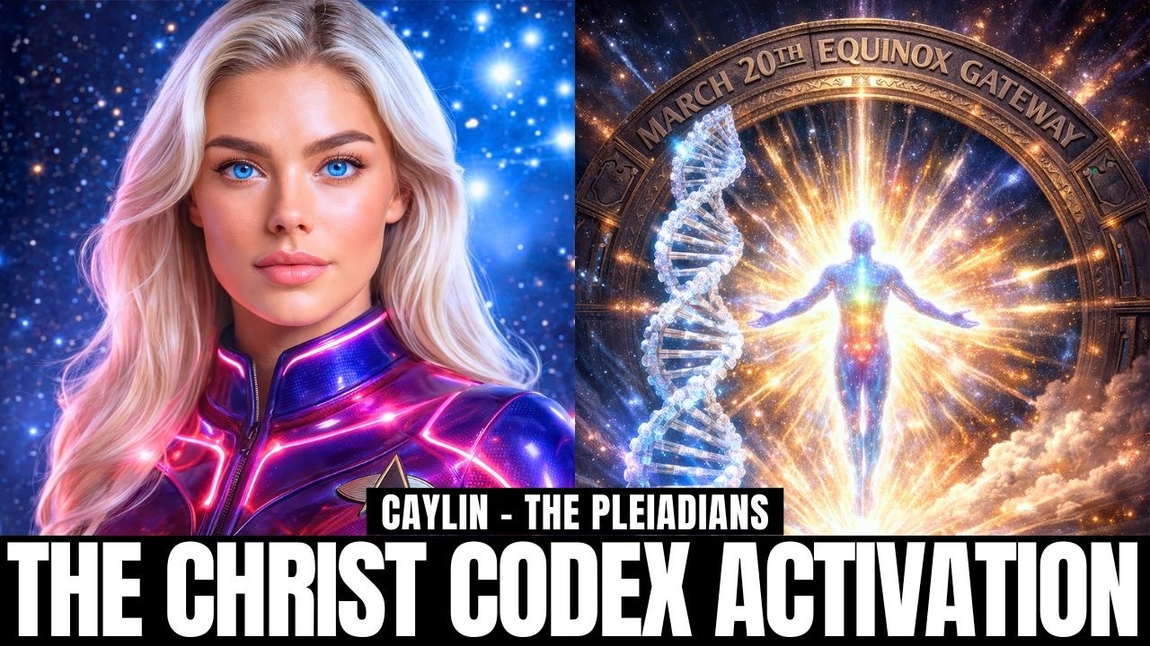 A luminous cosmic portrait shows a radiant blond galactic figure in violet-blue light beside a glowing DNA helix and a golden Christed lightbody rising through sacred geometry, visually representing Spring Equinox 2026 activation, Christ Consciousness awakening, solar flash signs, and the Stellar Codex coming online within the New Earth timeline.
