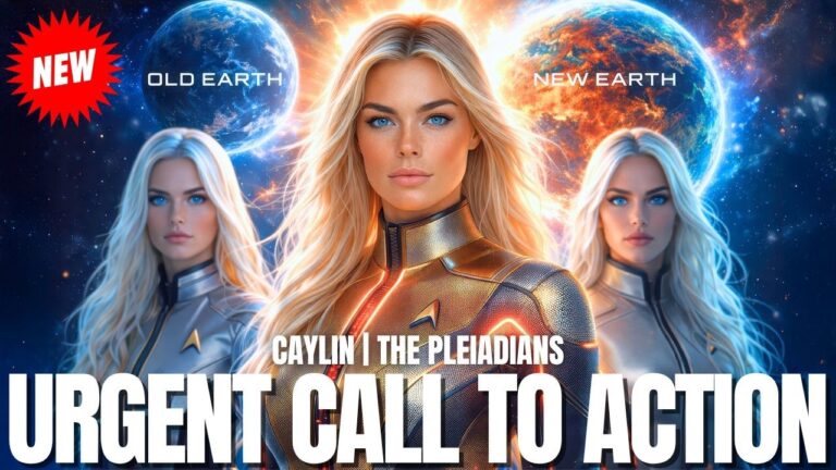 Radiant cosmic feature graphic showing three luminous Pleiadian-style feminine figures standing before glowing planets and swirling blue-gold galactic light. Bold white text across the bottom reads “URGENT CALL TO ACTION,” emphasizing urgency, Starseed activation, and spiritual mission. The image conveys solar flash preparation, New Earth grid anchoring, disclosure readiness, and higher-dimensional guidance.