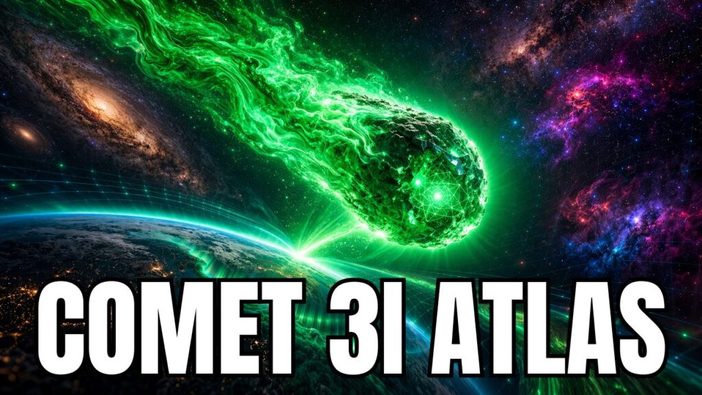 Bright green comet 3I Atlas with a glowing plasma tail passing near Earth, illuminating the planet’s horizon against deep space, symbolizing cosmic events, solar system activity, and energetic shifts associated with Comet 3I Atlas.