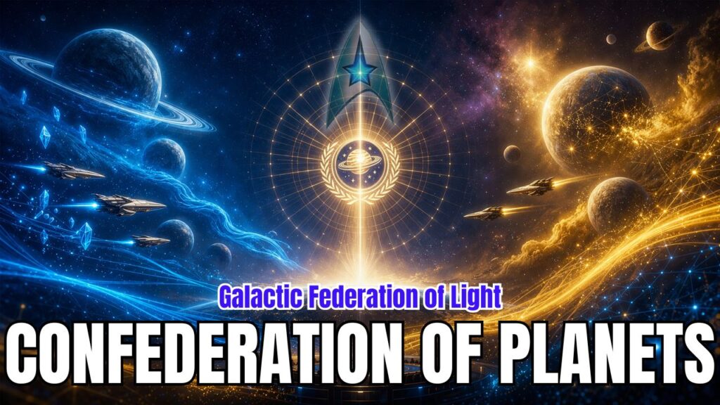 A high-resolution 16:9 cosmic banner featuring a radiant, symmetrical galactic scene representing the Confederation of Planets, with a glowing central emblem of a ringed planet encircled by a laurel crest and geometric light grid, intersected by a vertical beam of golden energy rising from a luminous planetary horizon. Above the emblem floats a stylized star insignia, reinforcing unity and interstellar alliance.

The left side of the image is rendered in cool blue tones, showcasing multiple planets, a ringed gas giant, crystalline structures, and a fleet of sleek spacecraft traveling along flowing energy currents. The right side contrasts in warm golden hues, featuring illuminated planets, star networks, and additional ships moving through a radiant cosmic field, symbolizing balance between technological evolution and higher-order consciousness.

At the bottom center, bold title text reads “CONFEDERATION OF PLANETS,” with smaller overlay text above stating “Galactic Federation of Light,” identifying the image as a category or link block graphic for transmissions, teachings, and interstellar alliance content related to planetary unity, galactic governance, and multidimensional cooperation.