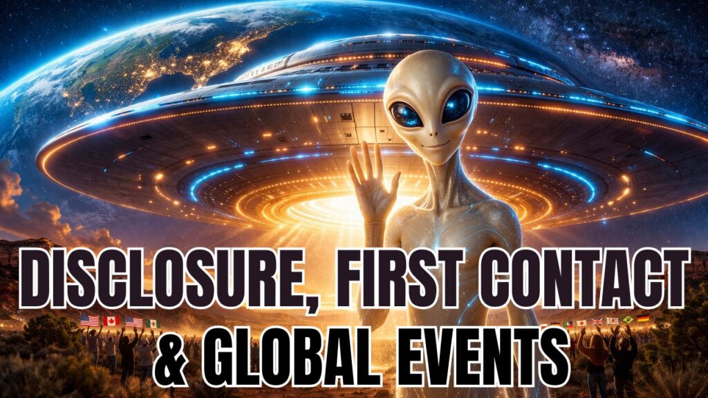 A vibrant cinematic disclosure-themed hero graphic shows a giant glowing UFO stretching nearly edge to edge across the sky, with Earth curving in the background above it and stars filling deep space. In the foreground, a tall friendly gray alien stands smiling and waving warmly toward the viewer, illuminated by golden light streaming from the craft. Below, a cheering crowd gathers in a desert landscape with small international flags visible along the horizon, reinforcing a theme of peaceful first contact, global unity, and awe-filled cosmic revelation.