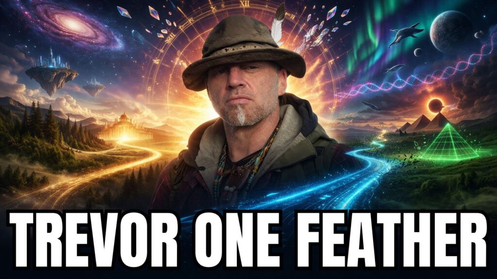 A cinematic, highly detailed hero graphic features Trevor One Feather centered prominently against a vibrant, multidimensional cosmic landscape. He wears a rugged Tilly-style hat with a distinctive white seagull feather, layered outdoor clothing, and beaded necklaces, conveying a grounded, explorer-like presence. Behind him, a radiant golden halo of sacred geometry and clock-like symbols suggests time, destiny, and higher awareness. The scene splits into two flowing pathways: on the left, a warm golden timeline leads toward a luminous classical structure and floating island city, symbolizing ancient wisdom and spiritual heritage; on the right, a cool blue and neon-lit pathway winds through futuristic terrain featuring pyramids, holographic grids, and advanced energetic constructs, representing technology, multidimensional navigation, and future timelines. The sky is filled with galaxies, planets, auroras, and streaks of cosmic energy, blending past, present, and future into a unified field. The lower portion of the image is darker and less visually dense to allow for text overlay. The overall composition represents Trevor One Feather as a bridge between worlds, guiding consciousness through timelines, dimensions, and the evolving New Earth reality.