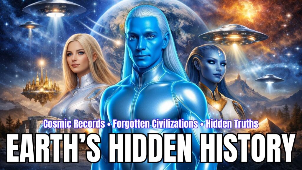 YouTube-style category link block graphic for Earth’s Hidden History and Cosmic Records, featuring three advanced galactic beings standing before a glowing Earth beneath a star-filled cosmic sky. At center is a luminous blue-skinned humanoid figure in a sleek futuristic suit, flanked by a blonde Pleiadian-looking woman in white and a blue-toned star being in gold-accented attire. Surrounding them are hovering UFO craft, a radiant floating golden city, ancient stone portal ruins, mountain silhouettes, and warm celestial light, visually blending hidden civilizations, cosmic archives, off-world contact, and humanity’s forgotten past. Large bold text across the bottom reads “EARTH’S HIDDEN HISTORY,” with smaller header text above reading “Cosmic Records • Forgotten Civilizations • Hidden Truths.”