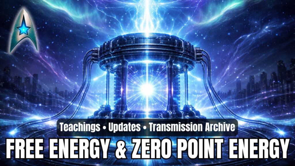 A dramatic 16:9 category header graphic for a Free Energy and Zero Point Energy archive, featuring a luminous futuristic energy chamber or reactor glowing with intense white-blue light at its core, surrounded by metallic rings, columns, and flowing cables in a high-tech sci-fi setting. Streams of radiant energy rise vertically through the center into a star-filled cosmic sky, while a dark city skyline sits in the distance on both sides, suggesting planetary transformation through advanced hidden technology. A silver insignia with a glowing blue star appears in the upper left corner. Bold white headline text across the bottom reads “FREE ENERGY & ZERO POINT ENERGY,” with a smaller banner above stating “Teachings • Updates • Transmission Archive,” giving the image the feel of a powerful portal for advanced energy disclosures, zero-point research, suppressed technology briefings, and New Earth power systems.