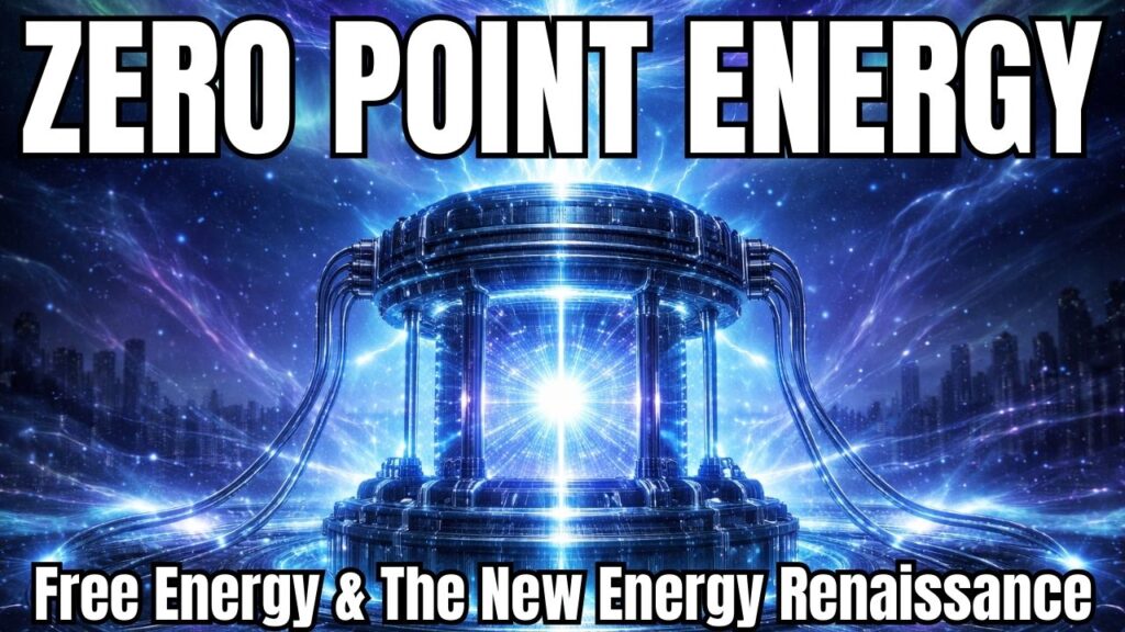 A bold 16:9 sci-fi graphic for a free energy and zero-point energy article, featuring a luminous futuristic energy device or reactor at the center emitting an intense white-blue core of light, surrounded by metallic circular architecture and thick conduit-like cables extending outward. The background shows a cosmic electric-blue and violet sky filled with energy streaks, stars, and radiant plasma-like currents, with a dark modern city skyline silhouetted on both sides. Large white headline text across the top reads “ZERO POINT ENERGY,” while the bottom subtitle reads “Free Energy & The New Energy Renaissance,” visually conveying themes of zero-point energy technology, advanced free energy systems, abundant clean power, atmospheric field energy, and the emerging global energy renaissance.