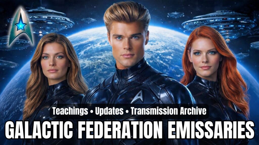 A cinematic 16:9 category header graphic for a Galactic Federation emissaries archive, featuring three futuristic human-like emissaries standing before Earth in deep space, surrounded by large luminous spacecraft and a star-filled cosmic backdrop. The central blond male figure wears sleek dark-blue high-tech armor and stands between two women in matching uniforms, one with long brown hair and one with vivid red hair, all conveying calm authority, unity, and interstellar presence. A silver insignia with a glowing blue star appears in the upper left corner. Bold white headline text across the bottom reads “GALACTIC FEDERATION EMISSARIES,” with a smaller banner above stating “Teachings • Updates • Transmission Archive,” giving the image the feel of a polished portal for transmissions, guidance, updates, and teachings from Galactic Federation representatives.
