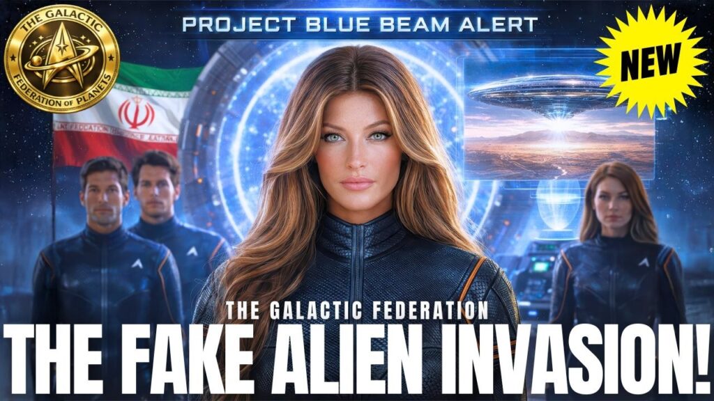 Stargate 10 Iran Abadan 4 | Galactic Federation of Light | The Campfire Circle Dramatic 16:9 graphic for a Galactic Federation of Light post about a fake alien invasion and Project Blue Beam, showing a central female emissary figure with glowing blue energy, military-style figures in the background, and bold text reading “The Fake Alien Invasion!” against a futuristic, high-alert atmosphere. The image conveys themes of cabal deception, staged extraterrestrial threats, and fear-based global manipulation tied to Middle East escalation and end-cycle disclosure narratives.
