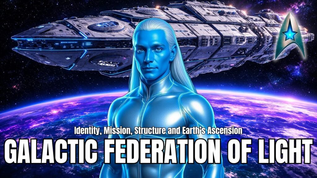 Galactic Federation of Light hero graphic featuring a luminous blue-skinned humanoid emissary with long white hair and a sleek metallic bodysuit standing before a massive advanced starship above a glowing indigo-violet Earth, with bold headline text, cosmic starfield background, and Federation-style emblem symbolizing identity, mission, structure, and Earth’s ascension context.
