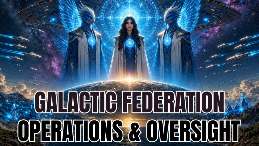 A stunning cosmic oversight scene depicts a radiant council of advanced benevolent beings standing above Earth, positioned high in the frame to allow space below. At the center stands a luminous human-like figure, flanked by two tall, regal avian beings with glowing blue energy cores, symbolizing wisdom, protection, and unity. Behind them, a massive circular mothership spans the upper sky, emitting soft golden light downward onto the planet. Earth curves beneath them with city lights visible along the horizon, while fleets of sleek starships move in coordinated formation across a vibrant starfield filled with nebulae and galaxies. Subtle crystalline formations and glowing grid-like energy structures appear along the lower landscape, representing planetary stabilization and advanced technology. The overall composition conveys Galactic Federation operations, peaceful oversight, multidimensional coordination, and guardianship of Earth, with the lower third intentionally calmer and less visually dense to accommodate text overlay.