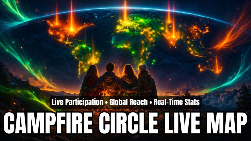 16:9 cinematic graphic of a glowing Earth viewed from space with vibrant energy beams and illuminated continents representing global meditation activity, while four silhouetted people sit together around a campfire in the foreground symbolizing unity and collective consciousness. Neon auroras and light streams arc across the sky, conveying real-time planetary connection, global reach, and synchronized participation. Bold overlay text reads “Live Participation • Global Reach • Real-Time Stats” and “Campfire Circle Live Map,” highlighting worldwide meditation growth, active users, and the expanding global field.