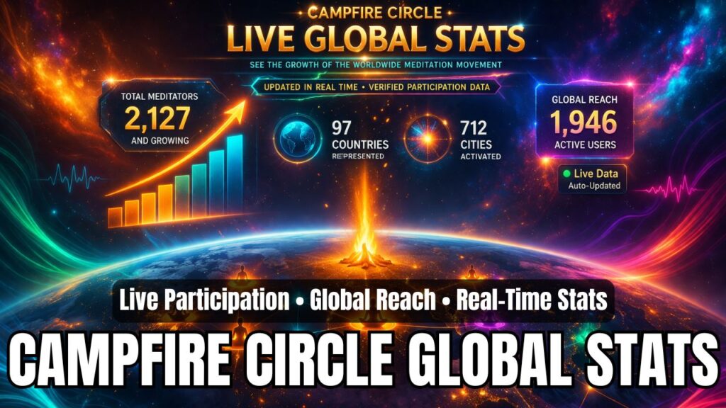 World Campfire Initiative and The Campfire Circle circular logo featuring a central orange-and-gold campfire made of three wooden logs set in front of a blue-and-green globe. The emblem is surrounded by a gold ring and white outer band with bold black text reading “WORLD CAMPFIRE INITIATIVE” across the top and “THE CAMPFIRE CIRCLE” across the bottom, separated by black dots. Golden sunburst rays extend outward behind the logo, creating a radiant, global, unity-centered identity mark for the meditation initiative.