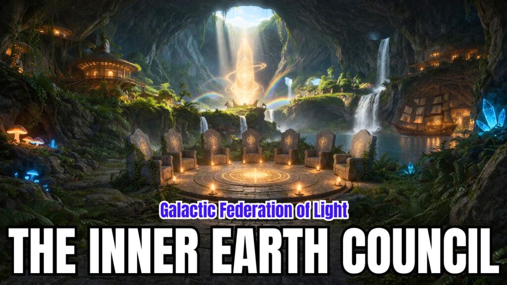 A cinematic 16:9 fantasy-style graphic depicting a vast Inner Earth cavern illuminated by a radiant beam of light descending from an opening above, revealing a lush, hidden world filled with waterfalls, glowing crystals, and vibrant greenery. At the center sits a circular stone council chamber with carved thrones arranged in a ring around a glowing geometric sigil platform, symbolizing unity, wisdom, and sacred governance.

Surrounding the council area are bioluminescent plants, cascading water features, and intricately built dwellings embedded into the cavern walls, along with a calm waterway and a docked wooden vessel, evoking a peaceful, advanced inner civilization. A towering golden crystalline obelisk rises in the distance, radiating energy and harmonic light codes into the environment.

Overlay text reads “Galactic Federation of Light” above the bold headline “THE INNER EARTH COUNCIL,” identifying the image as a category hero graphic representing hidden inner Earth civilizations, ancient wisdom councils, planetary stewardship, and multidimensional guidance supporting humanity’s awakening and transition into higher consciousness.
