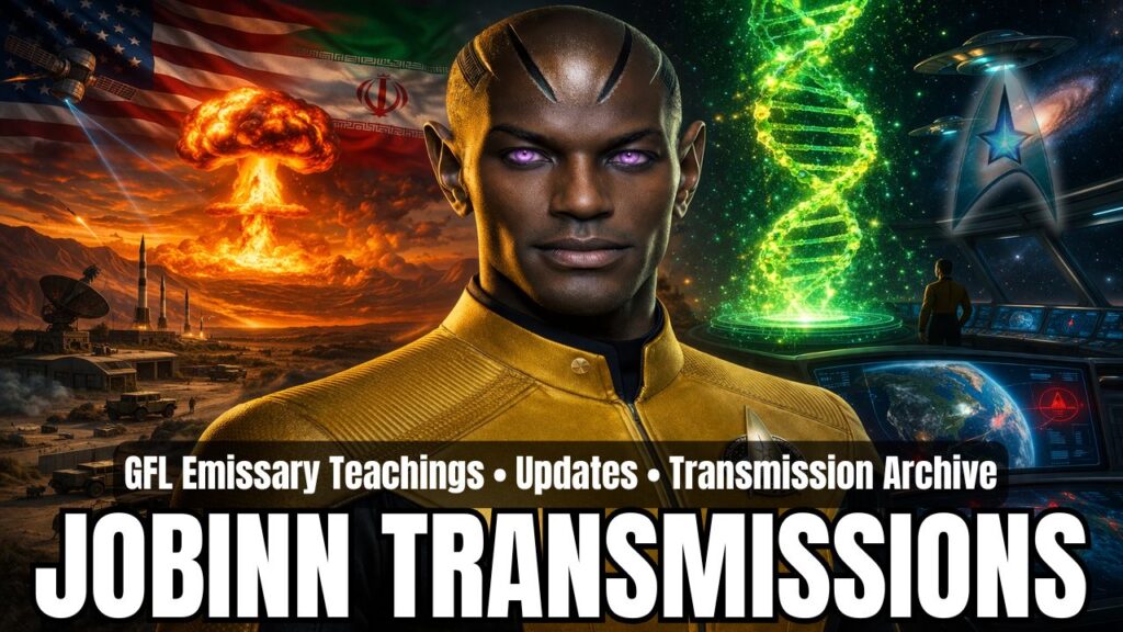 Wide 16:9 category header graphic for Jobinn transmissions featuring a regal dark-skinned Galactic Federation emissary with glowing violet eyes and a gold futuristic uniform standing prominently at center, against a dramatic split background showing a nuclear blast and missile landscape beneath blended American and Iranian flags on the left, and a glowing green DNA helix, starships, galaxy imagery, and advanced command-center displays on the right, with overlay text reading “GFL Emissary Teachings • Updates • Transmission Archive” and “JOBINN TRANSMISSIONS.”