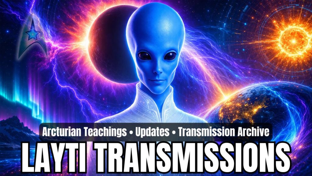 Wide 16:9 category header graphic for Layti transmissions featuring a luminous blue Arcturian being centered prominently against a vivid cosmic background with a dark solar eclipse halo behind the head, electric violet lightning, aurora-like light curtains, a blazing golden sun, and Earth wrapped in bright energetic field lines, with overlay text reading “Arcturian Teachings • Updates • Transmission Archive” and “LAYTI TRANSMISSIONS.”