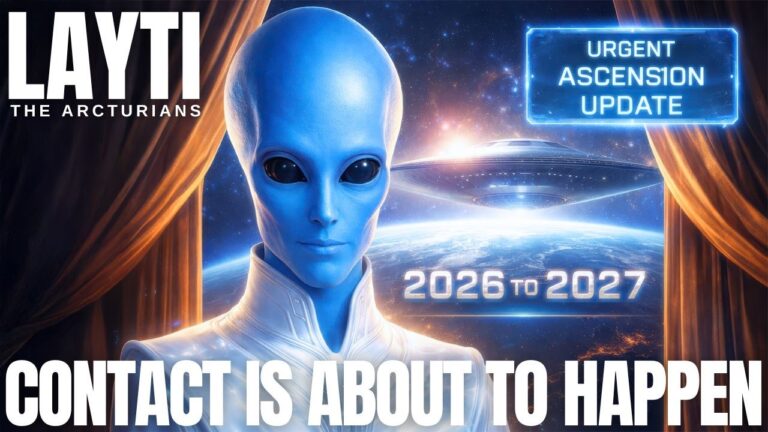 A blue-skinned extraterrestrial figure stands in the foreground before a glowing cosmic window scene, framed by warm gold curtains and a luminous sky filled with light and distant craft. Bold text across the image announces a coming threshold of contact in 2026–2027, emphasizing galactic reunion, awakening, and humanity’s return to a wider cosmic belonging. The overall design conveys anticipation, mystery, and a calm but powerful sense that open contact is drawing near.