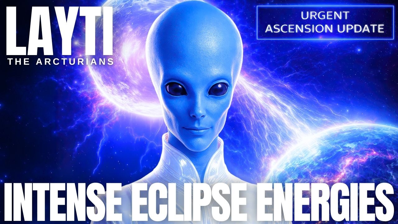 A blue, humanoid star-being face fills the center of a cosmic background, framed by electric violet-blue lightning and glowing nebula light. Bold text reads “LAYTI” at the top left and “INTENSE ECLIPSE ENERGIES” across the bottom. The overall design feels futuristic and high-voltage, with strong contrast, radiant glow, and a dramatic eclipse-energy atmosphere.
