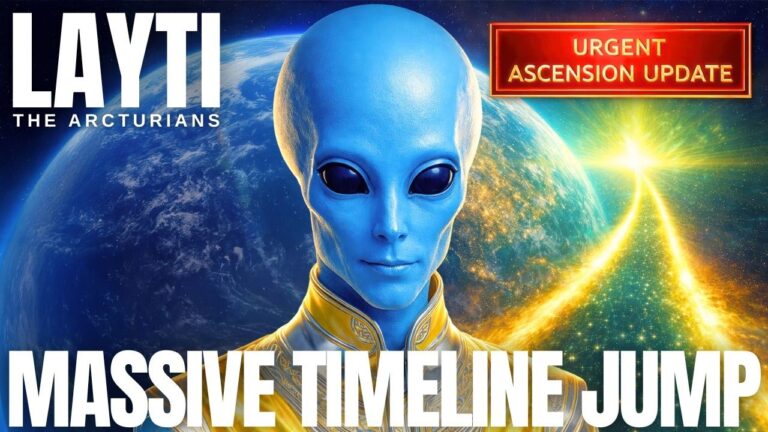 A vivid 16:9 cosmic graphic for a spiritual ascension post titled Starseeds Enter New Timelines: How to Leave Old Patterns Behind, Find Inner Peace, and Help Build the New Earth. On the left, a blue-skinned extraterrestrial guide with large dark eyes faces forward in calm stillness against deep space and a glowing planet. Bright golden timeline streams arc across the image toward a radiant light near Earth on the right, symbolizing a major collective timeline shift, spiritual awakening, and movement into new realities. Bold white text reads LAYTI at the top left and MASSIVE TIMELINE JUMP across the bottom. A red label in the upper right references starseed collective movement and new timeline energies. The overall tone is luminous, urgent, hopeful, and otherworldly, evoking ascension, inner peace, starseed transformation, old pattern release, and New Earth creation.