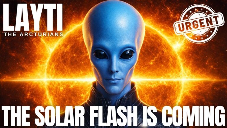 Blue-skinned extraterrestrial figure representing Layti stands centered before a blazing orange-gold solar burst and triangular light geometry, with bold white text reading “THE SOLAR FLASH IS COMING,” conveying urgency, cosmic activation, solar flash ignition, galactic contact, and Earth’s approaching harmonic shift.