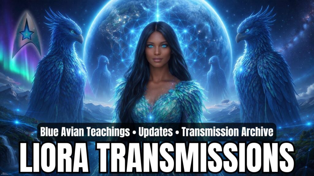Wide 16:9 category header graphic for Liora transmissions featuring a luminous dark-haired Blue Avian emissary centered before a radiant blue planetary sphere and sacred geometric light pattern, surrounded by towering iridescent blue avian guardians, aurora-like sky colors, mountain-and-water landscapes, and glowing planetary grid points, with overlay text reading “Blue Avian Teachings • Updates • Transmission Archive” and “LIORA TRANSMISSIONS.”
