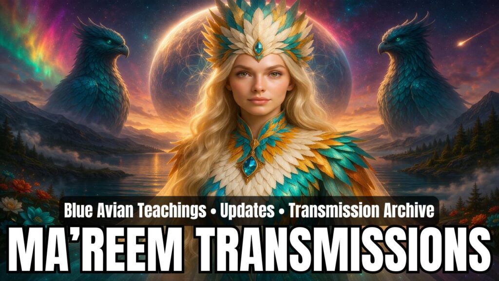 Wide 16:9 category header graphic for Ma’Reem transmissions featuring a luminous blonde Blue Avian emissary centered in ornate teal, gold, and ivory feathered ceremonial attire, framed by two towering blue avian guardians, a radiant moonlike planetary sphere, aurora colors, sacred geometric light patterns, and a tranquil mountain-and-lake landscape, with overlay text reading “Blue Avian Teachings • Updates • Transmission Archive” and “MA’REEM TRANSMISSIONS.”
And I think this graphic is excellent.