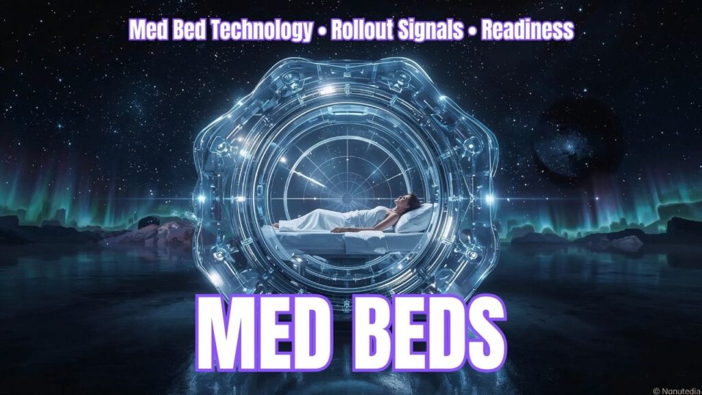 A luminous sci-fi med bed chamber glows in icy blue light beneath a star-filled night sky, with a person lying peacefully inside a circular healing pod above reflective water and distant aurora-like horizons. Bold purple-white text at the top reads “Med Bed Technology • Rollout Signals • Readiness,” while the bottom features the large title “MED BEDS.”