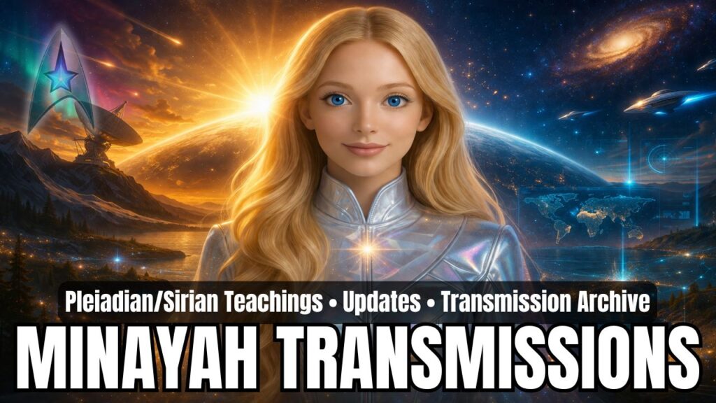 Wide 16:9 category header graphic for Minayah transmissions featuring a luminous blonde emissary centered in a reflective silver futuristic suit before a glowing sunrise over Earth, with aurora colors, a mountain-and-water landscape, holographic world-map displays, sacred geometric light patterns, distant galaxies, and small starships in the sky, with overlay text reading “Pleiadian/Sirian Teachings • Updates • Transmission Archive” and “MINAYAH TRANSMISSIONS.”