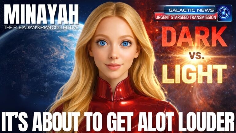 A cinematic 16:9 graphic featuring a luminous blonde female figure in a red, high-collared suit against a split cosmic backdrop. The left side shows cool blue starfield tones with the name “MINAYAH,” while the right side glows in warm reds and golds with the headline “DARK to LIGHT.” Across the bottom, bold text reads: “IT’S ABOUT TO GET A LOT LOUDER,” evoking an urgent ascension and disclosure-style alert.