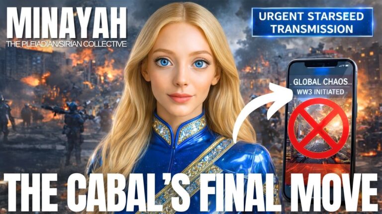 A dramatic 16:9 spiritual disclosure graphic showing a luminous blonde female figure in radiant blue attire at the center, facing forward with calm intensity against a dark, fiery world backdrop. In the upper-left corner, bold white text reads “MINAYAH,” while the bottom headline in large capital letters declares “THE CABAL’S FINAL MOVE.” To the right of the figure, a glowing smartphone screen displays a red warning-style symbol, with a curved white arrow pointing toward it, suggesting media manipulation, digital influence, or a final manufactured push. The background is filled with orange firelight, smoke, and apocalyptic tones, creating a sense of global tension, chaos, and collective upheaval. The contrast between the figure’s serene, high-frequency presence and the darker collapsing world behind her visually reinforces the post’s themes of cabal chaos, timeline shifts, collective awakening, inner peace, and remaining spiritually grounded during the final stages of old-system collapse.