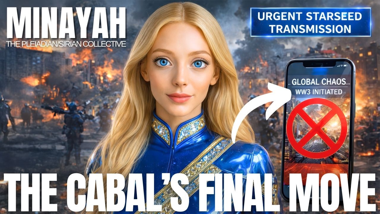 A dramatic 16:9 spiritual disclosure graphic showing a luminous blonde female figure in radiant blue attire at the center, facing forward with calm intensity against a dark, fiery world backdrop. In the upper-left corner, bold white text reads “MINAYAH,” while the bottom headline in large capital letters declares “THE CABAL’S FINAL MOVE.” To the right of the figure, a glowing smartphone screen displays a red warning-style symbol, with a curved white arrow pointing toward it, suggesting media manipulation, digital influence, or a final manufactured push. The background is filled with orange firelight, smoke, and apocalyptic tones, creating a sense of global tension, chaos, and collective upheaval. The contrast between the figure’s serene, high-frequency presence and the darker collapsing world behind her visually reinforces the post’s themes of cabal chaos, timeline shifts, collective awakening, inner peace, and remaining spiritually grounded during the final stages of old-system collapse.