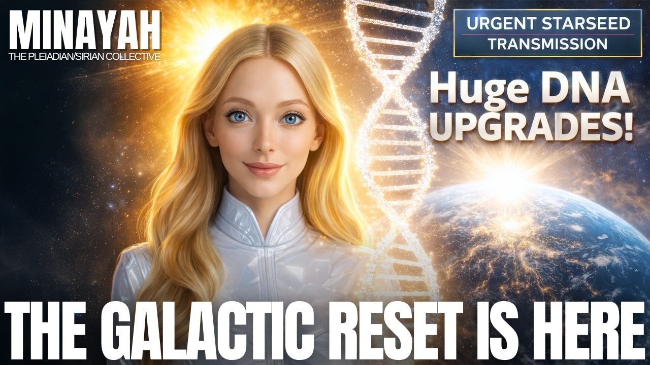 A luminous blonde feminine figure stands before a glowing DNA helix and a radiant Earth, surrounded by golden-white light and cosmic energy. Bold text announces “Huge DNA Upgrades!” and “The Galactic Reset Is Here,” conveying Spring Equinox 2026 activation, New Earth grid awakening, and collective consciousness expansion. The image evokes galactic support, open contact, Christ Consciousness rising, and a powerful planetary reset through incoming light codes.