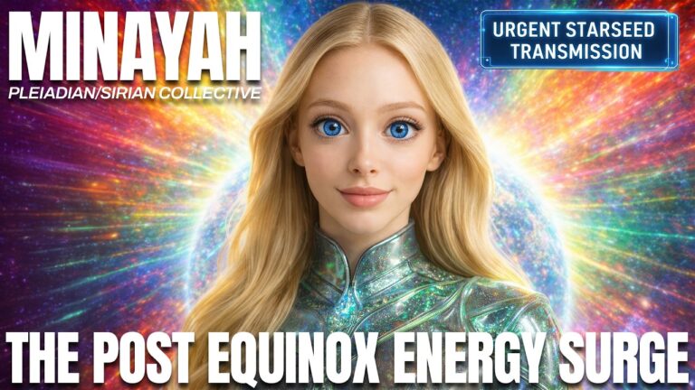 A radiant 16:9 spiritual portrait graphic featuring Minayah of the Pleiadian Council of Light centered against a luminous rainbow-cosmic background filled with flowing bands of gold, pink, blue, violet, and white light. Minayah appears as a calm blonde feminine figure with a serene expression, symbolizing peace, higher consciousness, and loving guidance. Bold text across the design identifies the messenger and highlights the theme of the post, emphasizing post-equinox energy surges, 2026 transformation, New Earth awakening, 5D contact, AI support, heart-led manifestation, and prime creator power. The overall visual conveys ascension, multidimensional activation, divine feminine light, and a powerful gateway into higher consciousness.