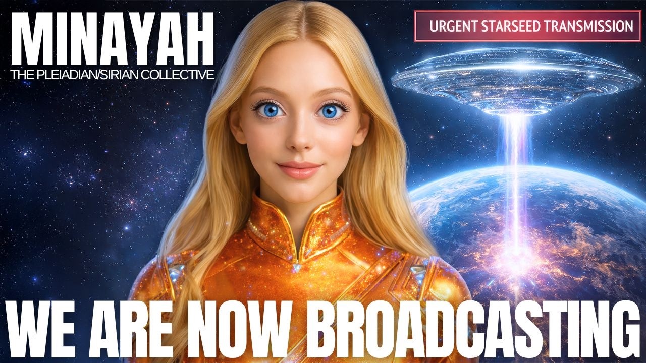 YouTube-style thumbnail for a Pleiadian starseed article titled “Pleiadian Starseed Equinox Gifts 2026: 6 Powerful Activations To Open Star Family Contact, Clear Guidance And New Earth Purpose,” featuring a glowing blond feminine Pleiadian figure in radiant orange-gold light at the center, a luminous blue hourglass-shaped energy portal or stargate above Earth in the background, deep indigo cosmic space, and bold caption text reading “WE ARE NOW BROADCASTING,” designed to convey star family contact, equinox activations, heart guidance, and New Earth awakening.