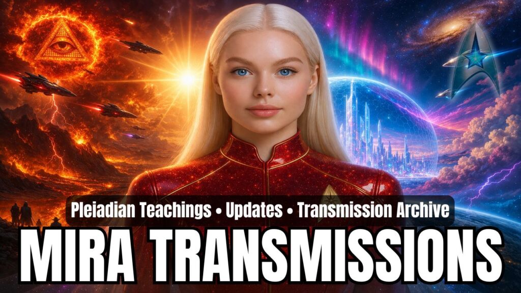 Wide 16:9 category hero graphic for Mira transmissions featuring a luminous blonde Pleiadian emissary centered in a glowing red starfield uniform, set between two contrasting cosmic realms: a fiery volcanic left side with dark craft, lightning, and an illuminated all-seeing-eye symbol, and a radiant New Earth right side with a crystalline city beneath a protective dome, aurora colors, planetary curvature, and celestial sky detail, with overlay text reading “Pleiadian Teachings • Updates • Transmission Archive” and “MIRA TRANSMISSIONS.”