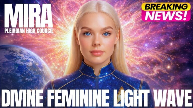 A luminous blonde feminine figure stands before a radiant pink-gold cosmic light field with Earth visible at the left edge and deep purple galactic space behind her. Bold text reads “DIVINE FEMININE LIGHT WAVE,” while the image conveys Pleiadian reunion, Sophia code activation, open contact, DNA upgrades, and New Earth abundance. The overall tone is celestial, radiant, and heart-centered, emphasizing divine feminine awakening and golden age frequencies.