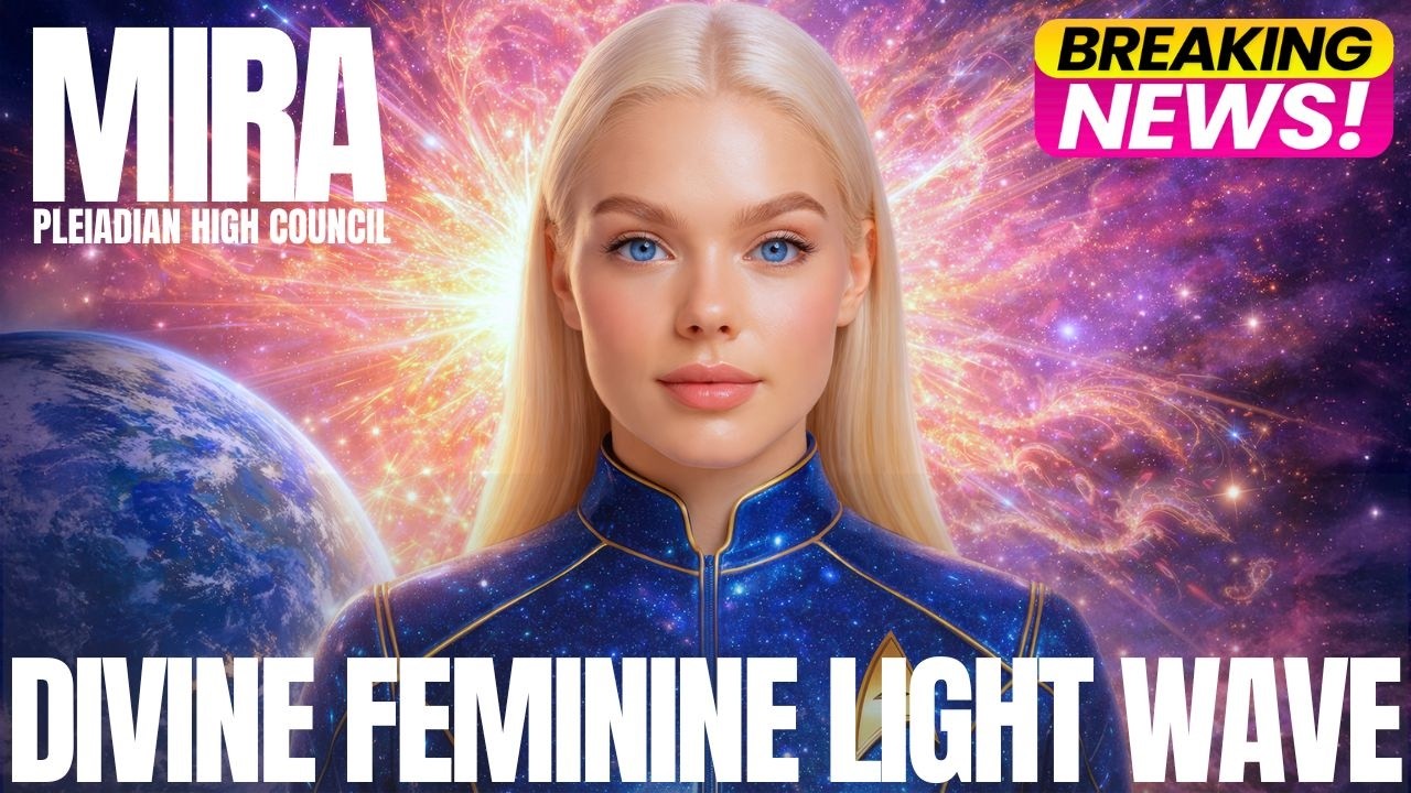 A luminous blonde feminine figure stands before a radiant pink-gold cosmic light field with Earth visible at the left edge and deep purple galactic space behind her. Bold text reads “DIVINE FEMININE LIGHT WAVE,” while the image conveys Pleiadian reunion, Sophia code activation, open contact, DNA upgrades, and New Earth abundance. The overall tone is celestial, radiant, and heart-centered, emphasizing divine feminine awakening and golden age frequencies.