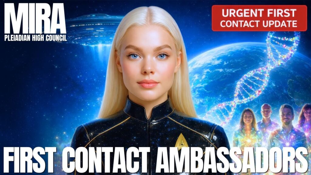 Star Family Contact Is Imminent: Divine Protection, First Contact Signs, Timeline Shifts, Hybrid Awakening, And New Earth Preparation — MIRA Transmission 6 | Galactic Federation of Light | The Campfire Circle A cinematic 16:9 channeling graphic featuring a luminous blonde female Pleiadian figure in a dark high-collared uniform standing before a glowing blue Earth, a radiant DNA helix, and soft silhouettes of human figures in the background. Bold headline text across the bottom reads “FIRST CONTACT AMBASSADORS,” while the upper corner includes “MIRA” and a red label reading “URGENT FIRST CONTACT UPDATES.” The overall visual conveys imminent star family contact, divine protection, hybrid awakening, first contact preparation, and New Earth guidance through a futuristic blue-white cosmic atmosphere.
