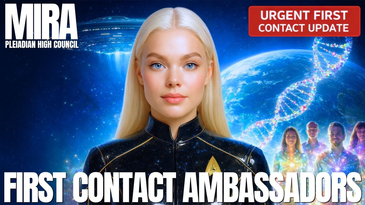 A cinematic 16:9 channeling graphic featuring a luminous blonde female Pleiadian figure in a dark high-collared uniform standing before a glowing blue Earth, a radiant DNA helix, and soft silhouettes of human figures in the background. Bold headline text across the bottom reads “FIRST CONTACT AMBASSADORS,” while the upper corner includes “MIRA” and a red label reading “URGENT FIRST CONTACT UPDATES.” The overall visual conveys imminent star family contact, divine protection, hybrid awakening, first contact preparation, and New Earth guidance through a futuristic blue-white cosmic atmosphere.