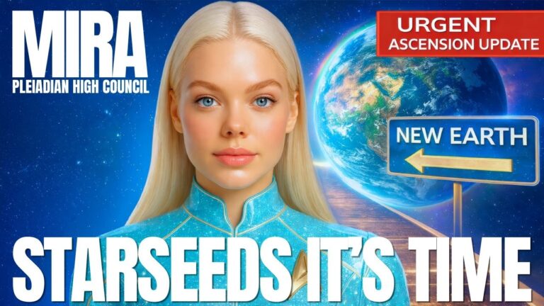 A luminous blue 16:9 spiritual graphic featuring a blonde feminine Pleiadian figure in a light blue high-collared garment before a glowing view of Earth from space. Bold white text reads “MIRA” at upper left and “STARSEEDS / IT’S TIME” across the bottom, while a red “URGENT” banner and a blue arrow labeled “NEW EARTH” appear on the right. The image conveys ascension, planetary awakening, higher-frequency activation, divine timing, and a call for starseeds to step into Golden Age service.