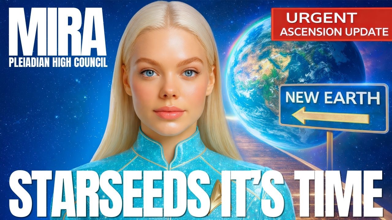 A luminous blue 16:9 spiritual graphic featuring a blonde feminine Pleiadian figure in a light blue high-collared garment before a glowing view of Earth from space. Bold white text reads “MIRA” at upper left and “STARSEEDS / IT’S TIME” across the bottom, while a red “URGENT” banner and a blue arrow labeled “NEW EARTH” appear on the right. The image conveys ascension, planetary awakening, higher-frequency activation, divine timing, and a call for starseeds to step into Golden Age service.