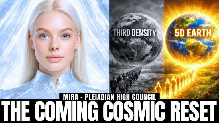 The image shows a stylized 16:9 banner featuring a blonde, human-looking Pleiadian woman portrait on the left, a grayscale Earth/grid sphere in the center, and a glowing golden sunrise Earth on the right, with bold headline text reading “THE COMING COSMIC RESET.”