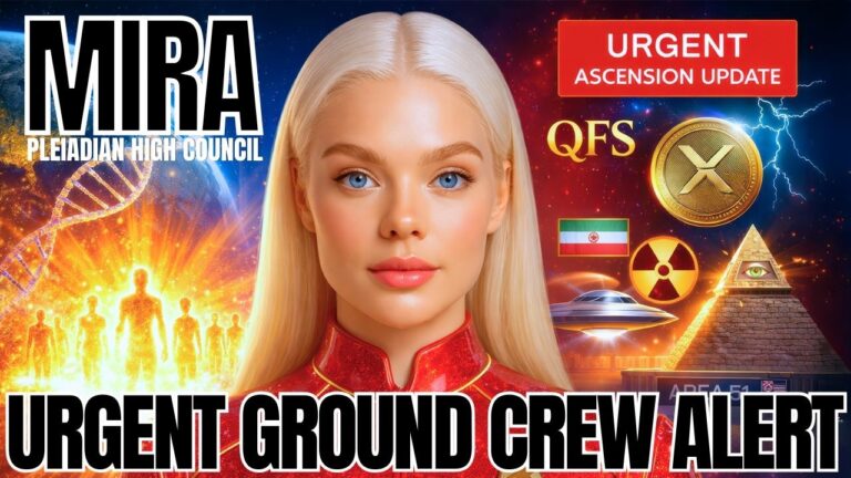 16:9 thumbnail graphic for a Mira Pleiadian High Council transmission featuring a central close-up portrait of a blonde blue-eyed woman in a glowing red high-collar uniform against a cosmic background. Large text reads “MIRA” and “PLEIADIAN HIGH COUNCIL” on the left, with “URGENT ASCENSION UPDATE” and “URGENT GROUND CREW ALERT” in bold on the right and bottom. Surrounding imagery includes radiant ascending human silhouettes, a DNA strand, a gold XRP coin labeled QFS, the Iran flag, a radiation symbol, a UFO craft, a pyramid with an illuminated eye, lightning, stars, and a glowing planetary horizon, creating a dramatic disclosure-style ascension alert visual.