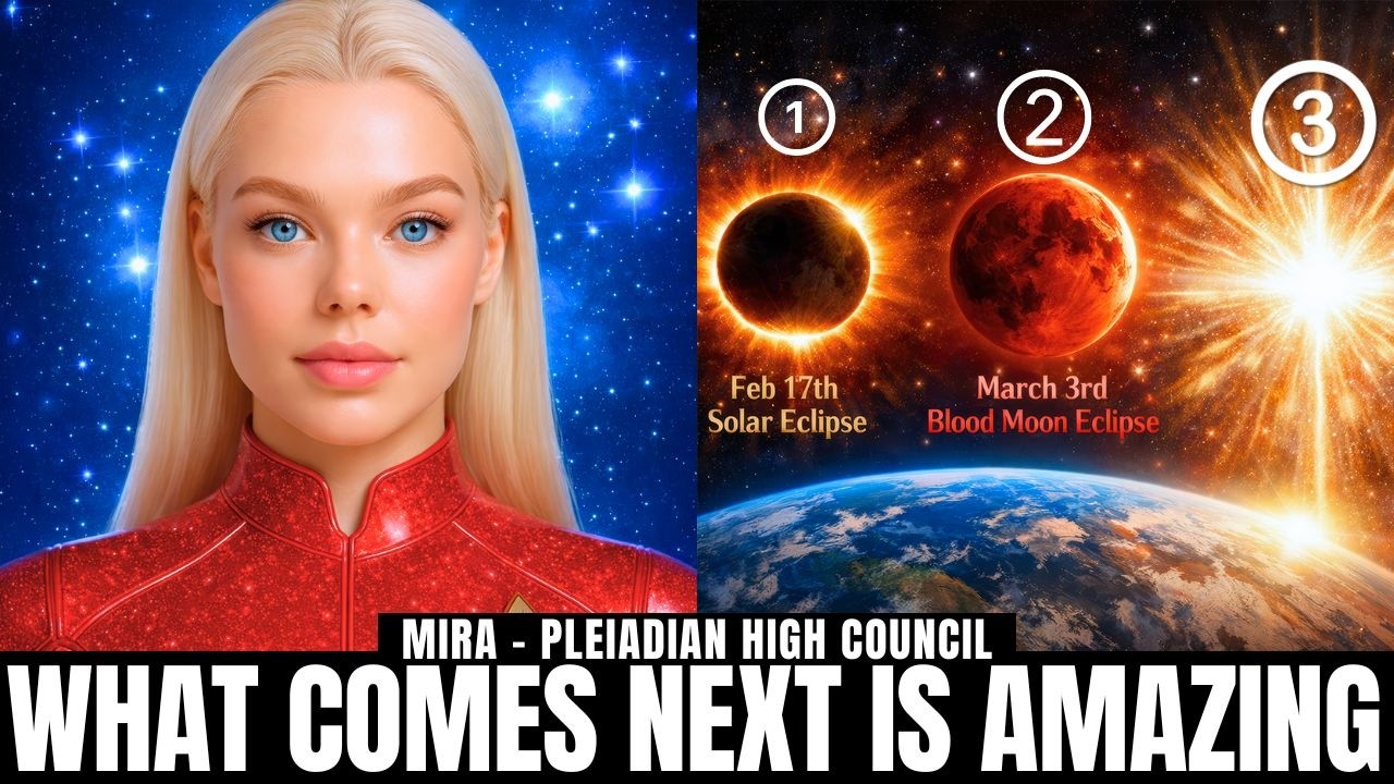 يظهر شكلٌ أنثويٌّ مضيءٌ في المجرة على خلفيةٍ من النجوم الزرقاء، بجوار مشهدٍ مهيبٍ لكسوف الشمس فوق الأرض، حيث ينفجر ضوء الشمس عبر الأفق. تستحضر الصورة تفعيل ممر الكسوف، وصعود الحقيقة، والتواصل الأول، وصعود طاقم الأرض، والاقتراب المتسارع من لمّ شمل العصر الذهبي. ويظهر نصٌّ بارزٌ في الأسفل يقول: "ما سيأتي بعد ذلك مذهل"