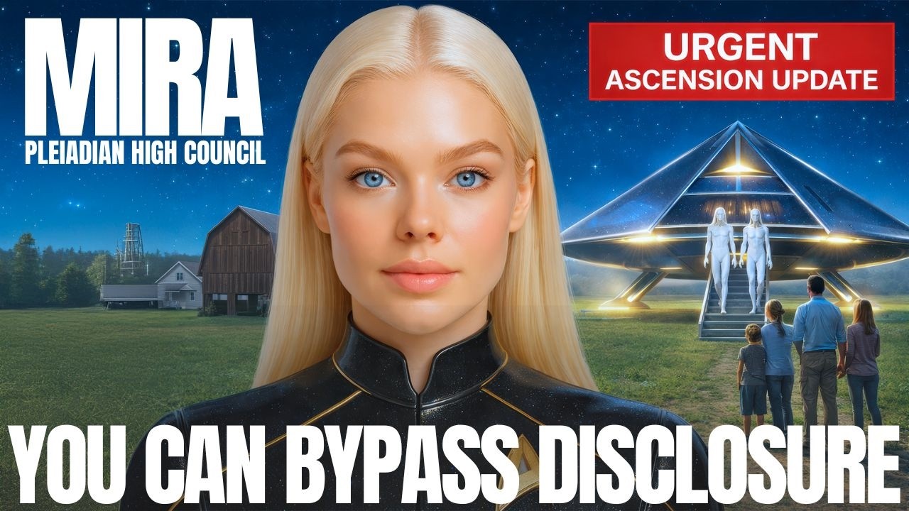 O miniatură în stil YouTube pentru un articol despre dezvăluirea spirituală care prezintă un portret în prim-plan al unei femei pleiadiene blonde identificate drept Mira pe un fundal cosmic albastru intens, cu un pavilion strălucitor sau o structură asemănătoare unui oraș de cristal și mici siluete în depărtare, text alb îngroșat pe care scrie „POȚI OCOLI DIVULGAREA” și o etichetă roșie în colțul din dreapta sus, concepută pentru a transmite un contact galactic iminent, reconectarea familiei stelare și activarea Noului Pământ.