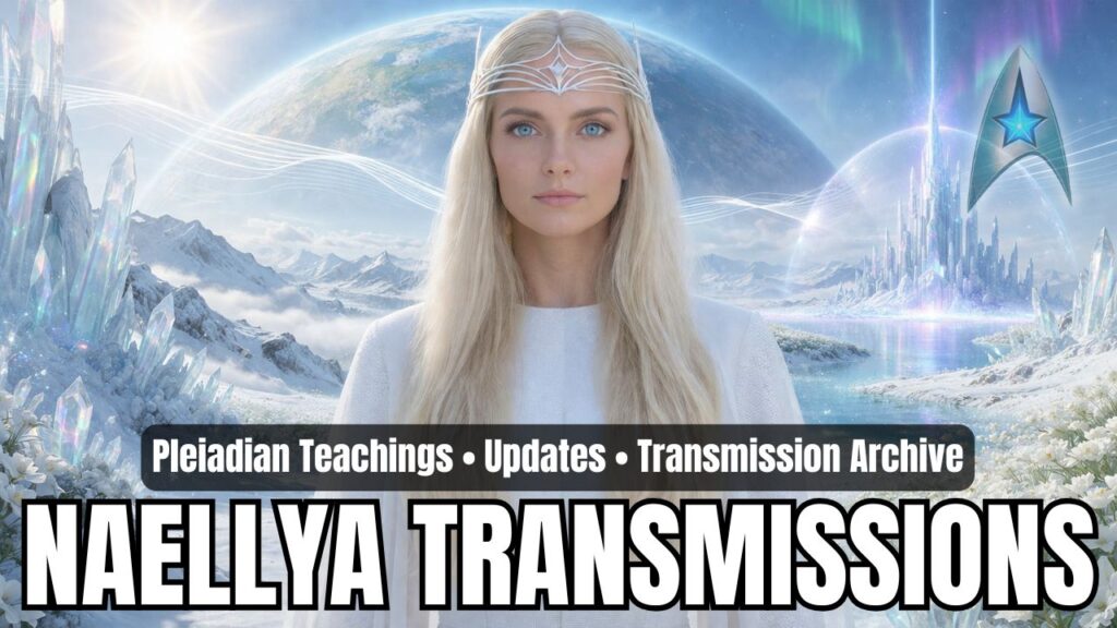 Wide 16:9 category header graphic for Naellya transmissions featuring a serene blonde Pleiadian emissary centered in flowing white attire beneath a delicate silver crown, set within a luminous crystalline landscape of snow-white mountains, iridescent crystal formations, a radiant futuristic crystal city beside reflective water, soft aurora colors, and a glowing planetary sphere overhead, with overlay text reading “Pleiadian Teachings • Updates • Transmission Archive” and “NAELLYA TRANSMISSIONS.”