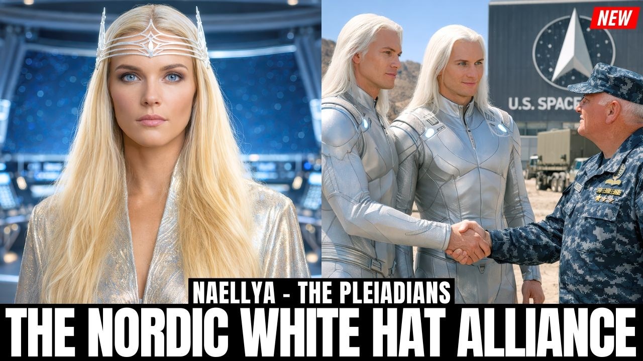 Futuristic 16:9 disclosure graphic showing a blonde Nordic-looking woman in the foreground inside a high-tech command setting, with two white-haired alliance figures meeting a military representative in the background beneath a symbolic emblem, representing the Nordic White Hat Alliance, disclosure timing, starseed grid activation, collective readiness, and the great unveiling of hidden truths on Earth.