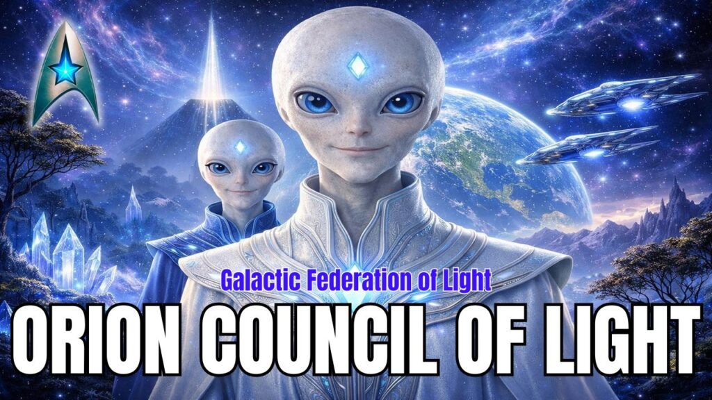 Wide galactic category link block graphic featuring two luminous Orion beings with pale silver-white skin, large blue eyes, glowing diamond-shaped forehead and chest crystals, and ornate blue-white robes, standing before Earth, crystalline formations, a radiant pyramid beam, star-filled nebula skies, and sleek luminous spacecraft, with the Galactic Federation emblem at upper left and bold title text reading “Galactic Federation of Light” and “Orion Council of Light” across the lower portion.