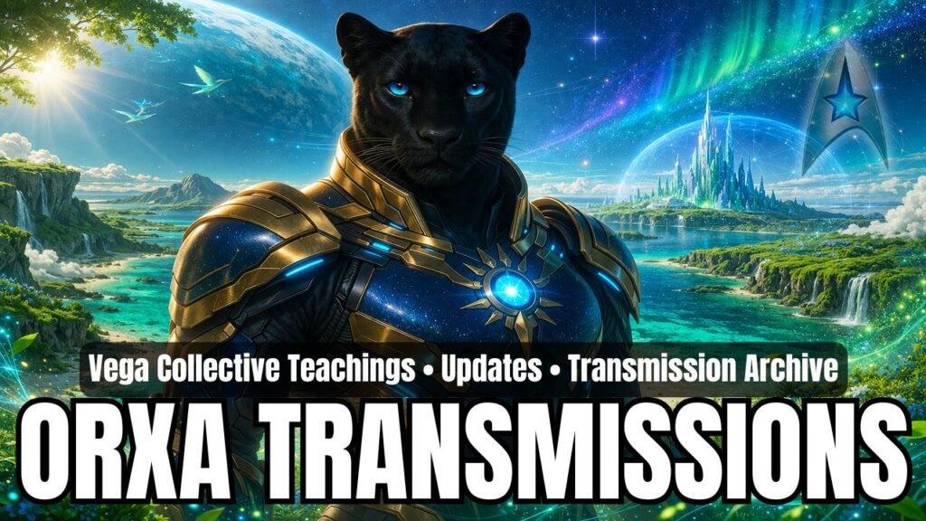 Wide 16:9 category header graphic for Orxa transmissions featuring a powerful black panther-like emissary with bright blue eyes centered in luminous gold-and-blue futuristic armor, standing before a vivid Vega-inspired landscape of turquoise waters, green islands, cascading waterfalls, bright sky light, aurora bands, a radiant futuristic city enclosed in a shimmering energy dome, and distant avian-like craft, with overlay text reading “Vega Collective Teachings • Updates • Transmission Archive” and “ORXA TRANSMISSIONS.”