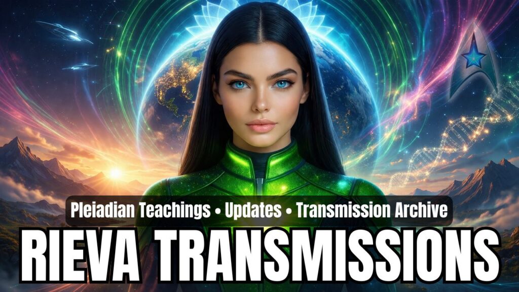 A cinematic 16:9 sci-fi category header featuring Rieva, a Pleiadian emissary with long straight black hair, luminous blue eyes, and a calm, commanding expression, centered prominently in a glowing green futuristic suit with a radiant heart-light at her chest. Behind her, Earth glows beneath layered emerald energy rings while colorful cosmic currents sweep across the sky. The surrounding landscape shows luminous mountains, a golden sunrise, distant valleys, and advanced craft moving through the upper left of the scene. A sparkling DNA helix rises on the right side, reinforcing themes of human origins, remembrance, and consciousness activation. The overall image is vibrant, high-frequency, and ethereal, blending Pleiadian beauty, sacred technology, heart awakening, and multidimensional transmission imagery into a bold archive-style category graphic.